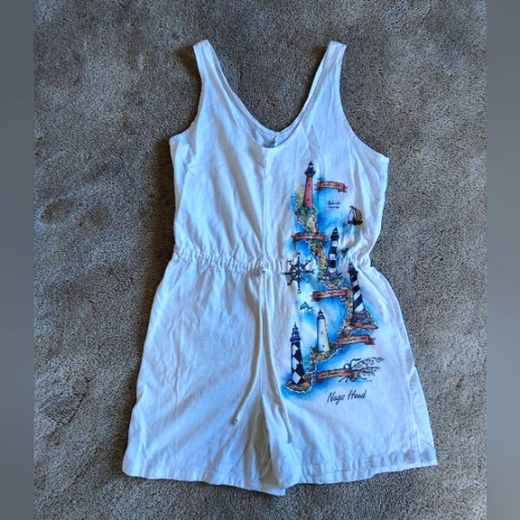Vintage 90s Beach Casual Cotton Vacation Romper Nags Head Map - Picture 1 of 11